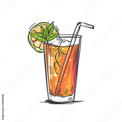 Hand drawn style ice tea drink or cocktail with lime slice and transparent tube.