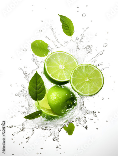 Fresh green limes splashed with water on white background
