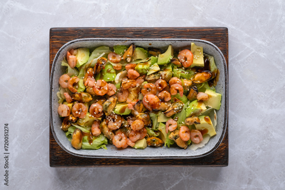 Overhead view of salad with shrimp, mussels and avocado Overhead view of salad with shrimp, mussels and avocado