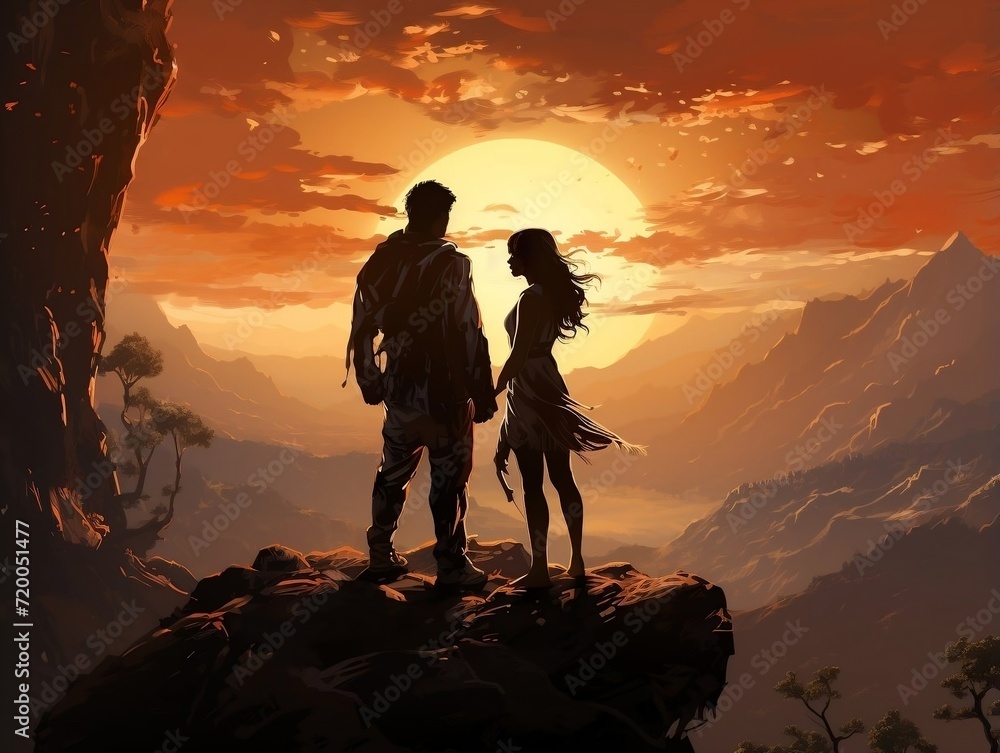 Couple holding hands on top of a mountain silhouette at sunlight going down