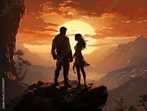 Couple holding hands on top of a mountain silhouette at sunlight going down