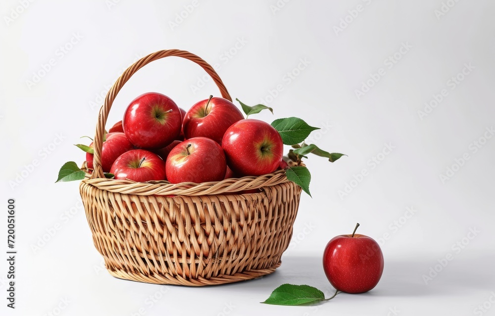Ripe red apple fruits with leaves in basket, top view flat lay with copy space Ripe red apple fruits with leaves in basket, top view flat lay with copy space