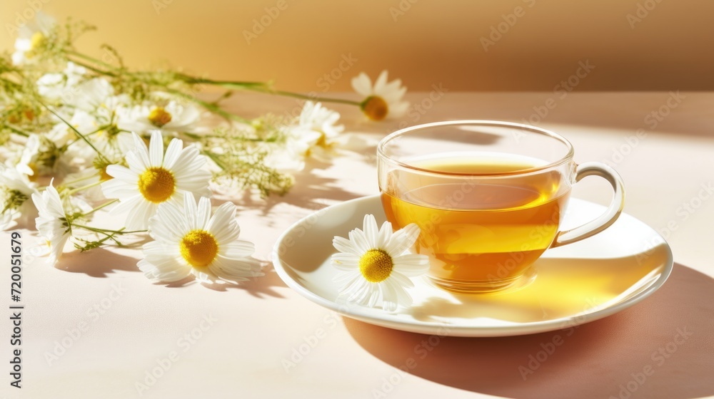 Chamomille tea with medical daisy flowers, transparent cup on table in morning light Chamomille tea with medical daisy flowers, transparent cup on table in morning light