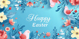 Happy Easter banner with a modern and elegant design incorporating subtle spring elements on a  blue background.