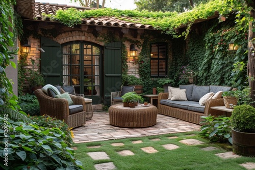 A green garden oasis with a luxurious patio, combining nature, comfort and modern design.