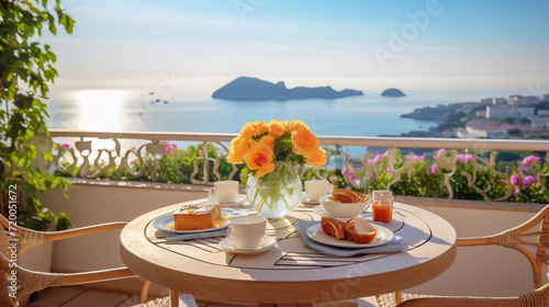 Breakfast on hotel balcony decorated with fresh flowers and croissants overlooking sea view 