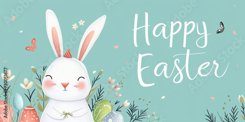 Happy Easter banner with a modern and elegant design incorporating subtle spring elements on a  white background.