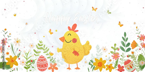 Happy Easter banner with a cheerful Easter chick holding a Happy Easter sign surrounded by blooming flowers and colorful eggs on a clean white surface.