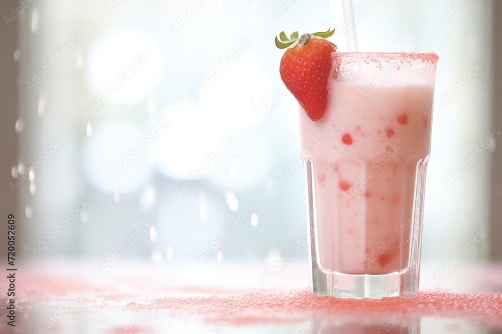 droplets of condensation on a cold strawberry shake glass droplets of condensation on a cold strawberry shake glass