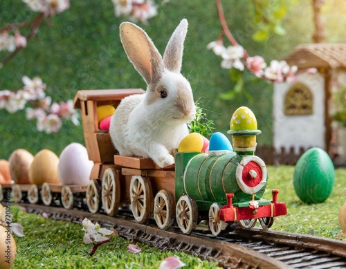 An Easter bunny riding a miniature toy train  delivering festive eggs to all corners.