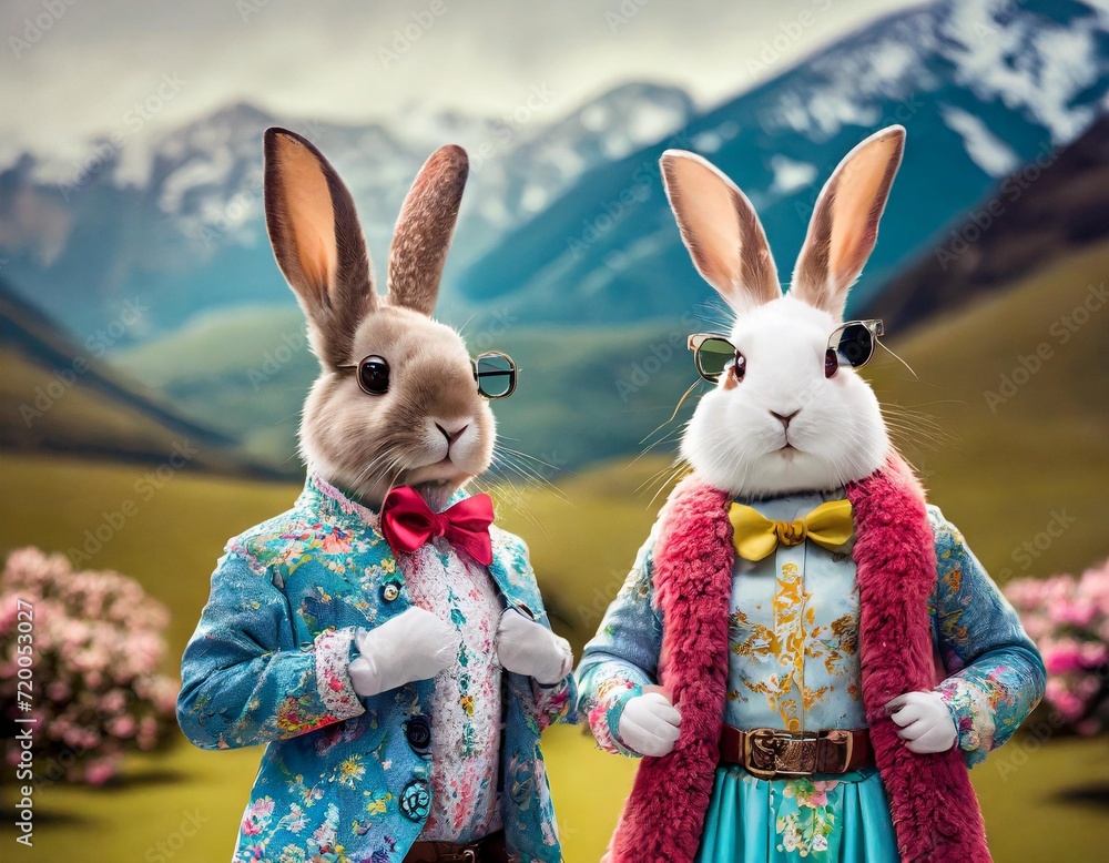 An Easter bunny fashion show featuring bunnies showcasing trendy outfits and accessories.