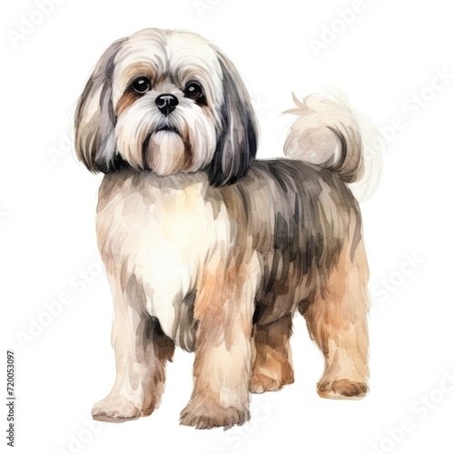 Lhasa Apso dog breed watercolor illustration. Cute pet drawing isolated on white background.