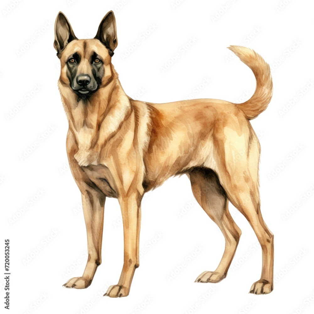 Belgian Malinois dog breed watercolor illustration. Cute pet drawing isolated on white background.