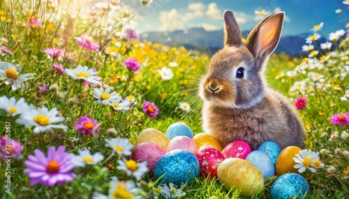 Adorable Bunny With Easter Eggs In Lush Meadow © Amazing-World