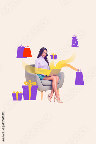 Vertical creative collage brochure sitting young lady browsing laptop buy eshop shopping bags presents gifts holiday preparation