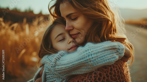 Una madre abrazando a su hija en medio del campo un día de otoño photo