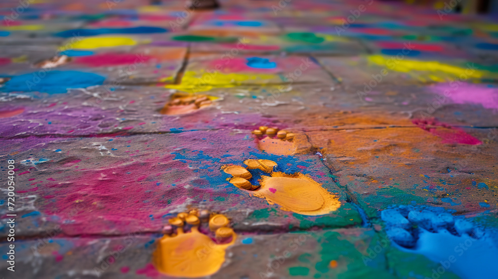 Colorful footprints on a Holi celebration ground Colorful footprints on a Holi celebration ground