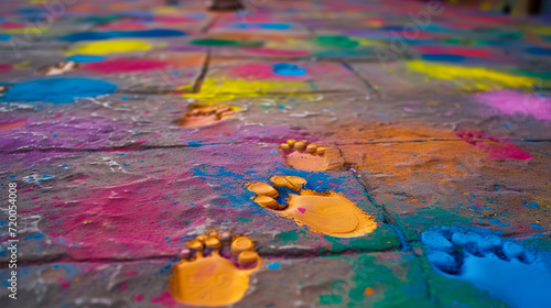 Colorful footprints on a Holi celebration ground