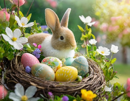A nest of creatively decorated Easter eggs nestled among blooming spring flowers with a bunny overseeing the collection.