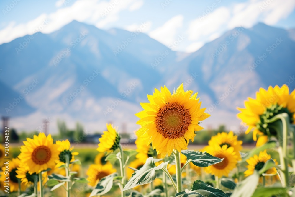 Fototapeta premium sunflowers in full bloom with a backdrop of mountains
