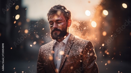 man glitter on his face, rose gold glittering suit on gold glitter background