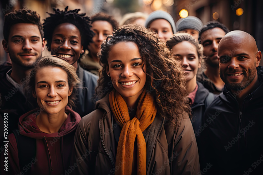 Diverse group young adults are standing close to each other smiling at camera and standing in cluster in middle of city street. They are wearing coats and sweaters, showing that weather is likely cool Diverse group young adults are standing close to each other smiling at camera and standing in cluster in middle of city street. They are wearing coats and sweaters, showing that weather is likely cool