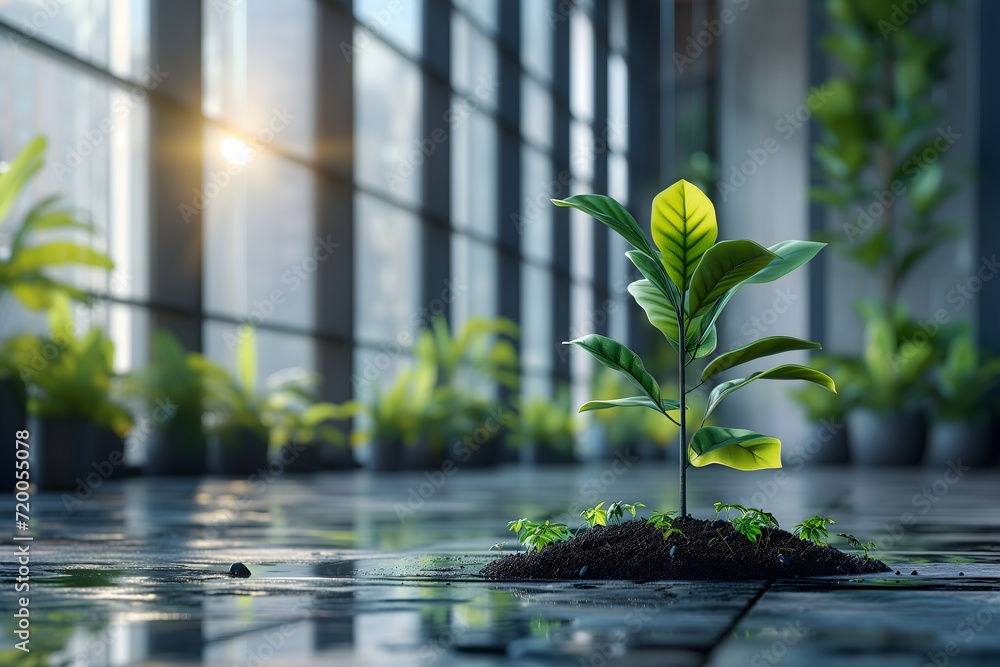 Corporate growth symbol, 3Drendered plant sprouts like an arrow in a