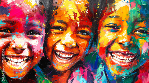 Smiling faces adorned with vibrant paint strokes