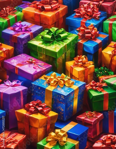 Lots of lovely Christmas gift boxes with colorful ribbons and bows, close-up