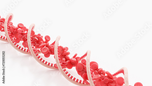 Red blood cells flow inside an DNA double helix. Space on the side for text entry. Medical scientific and Minimal concept. 3D Render.