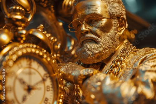 Gilded timekeeper: An antique clock encircled by money, an elderly man transformed into a golden statue. A premium image illustrating the 'Time is Money' concept. © Rathnayakamudalige