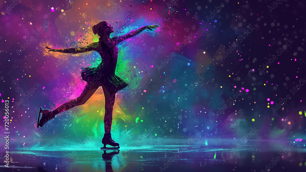 Luminous Performance: Figure Skating Girl in Neon Watercolor Style