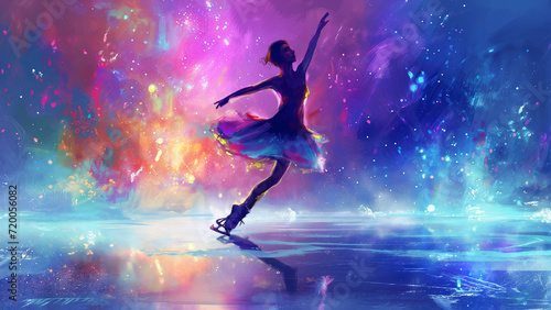 Neon Elegance  Figure Skating Dancing Girl in Watercolor