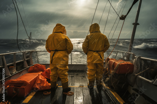 Fototapeta Two sailors in yellow raincoats standing on the deck of a ship in the open sea