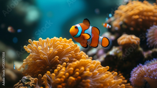 Orange clownfish swim among the tentacles of anemones, symbiosis of fish and anemones. A group of clown fish swimming in an anemone. Clownfish anemone fish in tropical saltwater coral garden  © Sweetrose official 