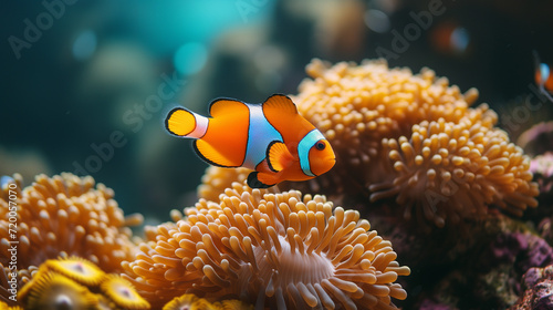 Orange clownfish swim among the tentacles of anemones, symbiosis of fish and anemones. A group of clown fish swimming in an anemone. Clownfish anemone fish in tropical saltwater coral garden 