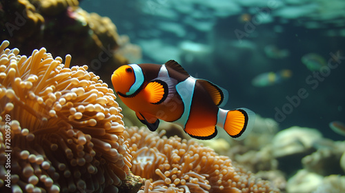Orange clownfish swim among the tentacles of anemones, symbiosis of fish and anemones. A group of clown fish swimming in an anemone. Clownfish anemone fish in tropical saltwater coral garden 