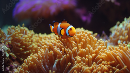 Orange clownfish swim among the tentacles of anemones, symbiosis of fish and anemones. A group of clown fish swimming in an anemone. Clownfish anemone fish in tropical saltwater coral garden  © Sweetrose official 