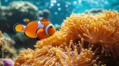 Orange clownfish swim among the tentacles of anemones, symbiosis of fish and anemones. A group of clown fish swimming in an anemone. Clownfish anemone fish in tropical saltwater coral garden 