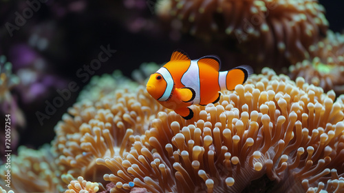 Orange clownfish swim among the tentacles of anemones, symbiosis of fish and anemones. A group of clown fish swimming in an anemone. Clownfish anemone fish in tropical saltwater coral garden 