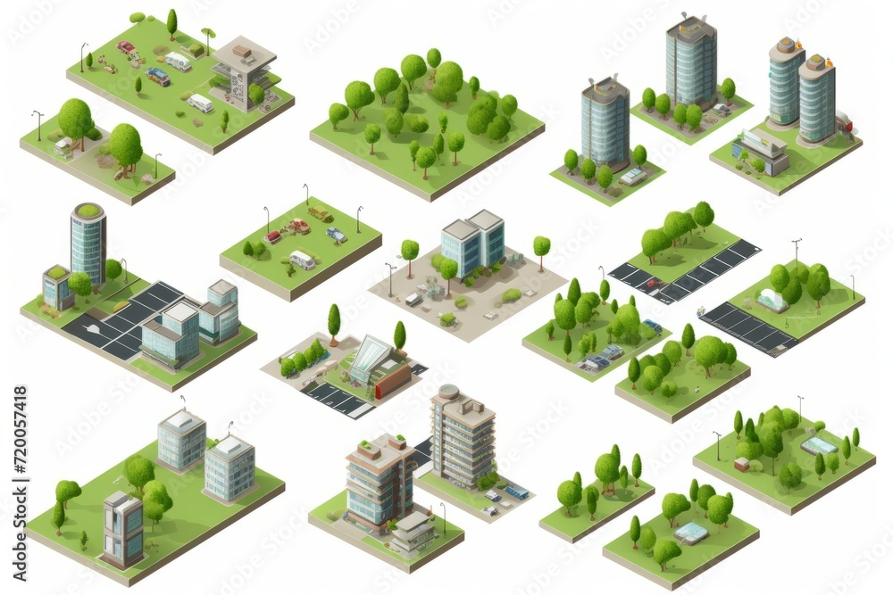 Isometric Vector Art Sprite Sheet, Illustrating Urban Streets with Parks and Green Spaces, Featured on an Isolated White Background, Generative AI