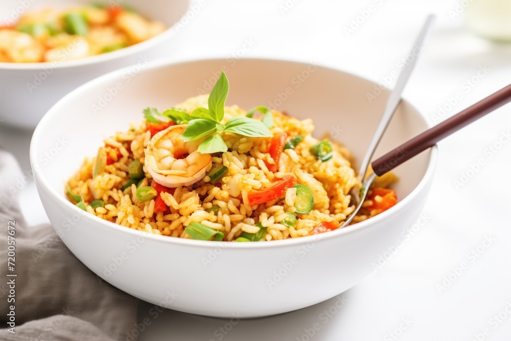 shrimp fried rice in a white bowl with spoon shrimp fried rice in a white bowl with spoon