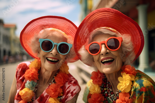 Two Older Women Wearing Red Hats and Sunglasses. Two best friends the whole life. Generative AI.