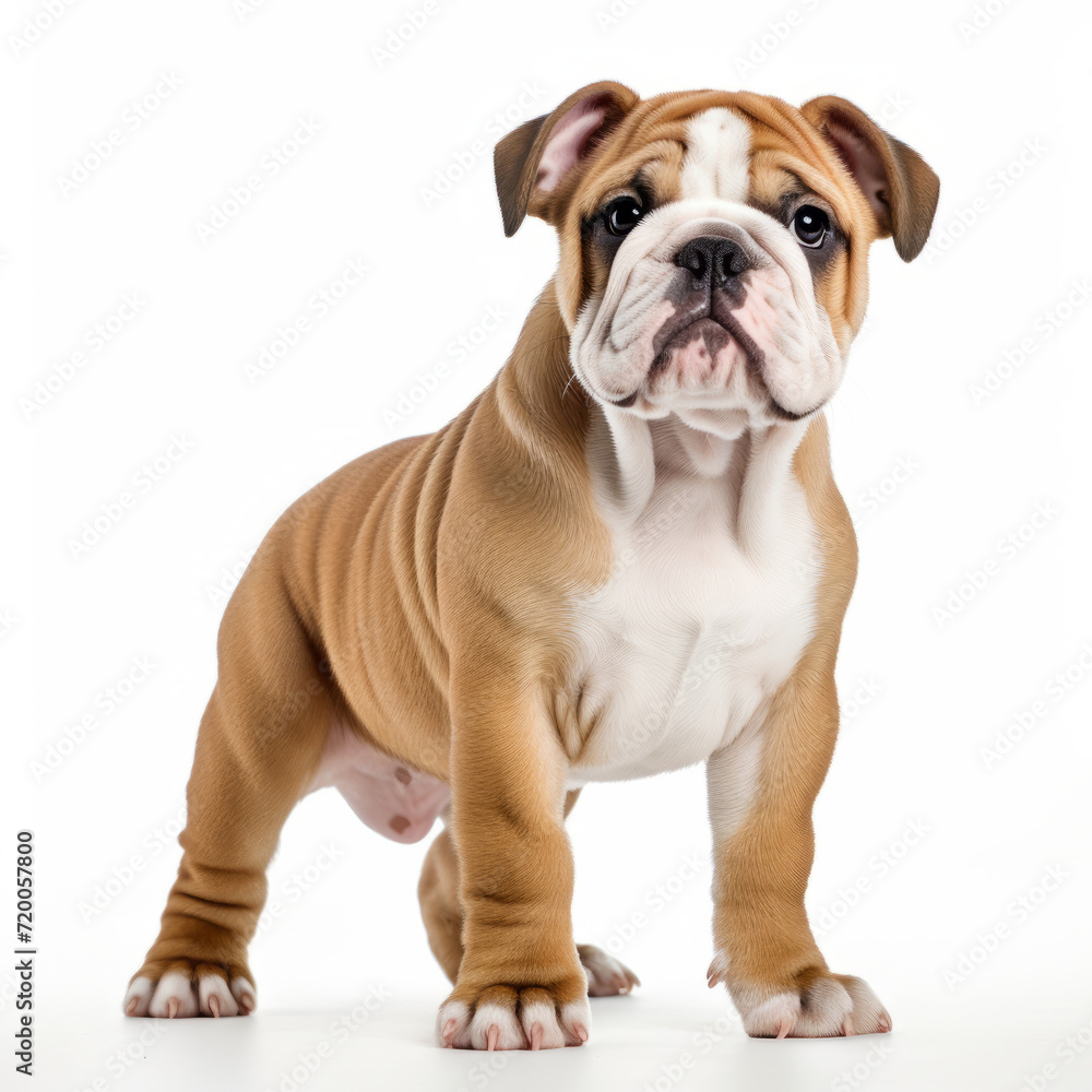 English bulldog puppy, standing in white background