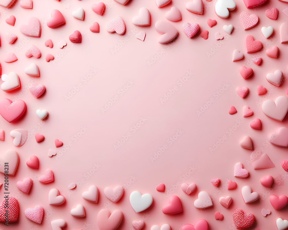heart shaped ornaments on pink background, valentine greeting card  concept