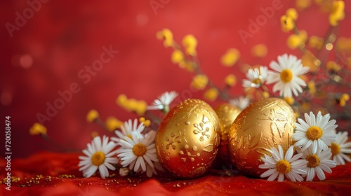 luxury modern style celebrate Easter Day background with golden easter eggs on bright red background with flower