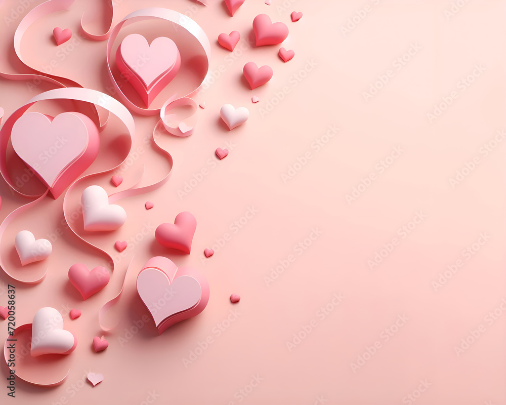 heart shaped ornaments on pink background, valentine greeting card  concept