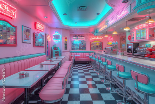 Colorful retro american diner interior design, bar, cafe