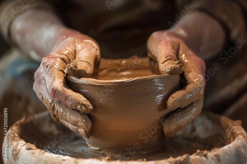 potter at work. hands crafting a handmade pot, studio setting with natural light . 