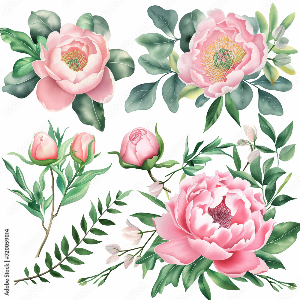 Set of soft coral pink peony flowers and leaves isolated on a white background. Watercolor collection of hand-drawn flowers, botanical plant illustration. Bridal wedding invitation peonies collection.